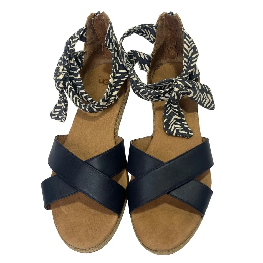 UGG Idina‎ Navy Blue Espadrille Sandal Striped Ankle Tie Zip Cork Heel Size 8.5